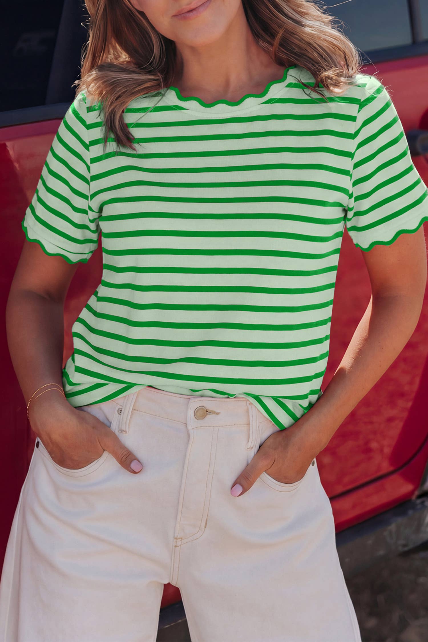 Stripe Scalloped Trim Round Neck T Shirt
