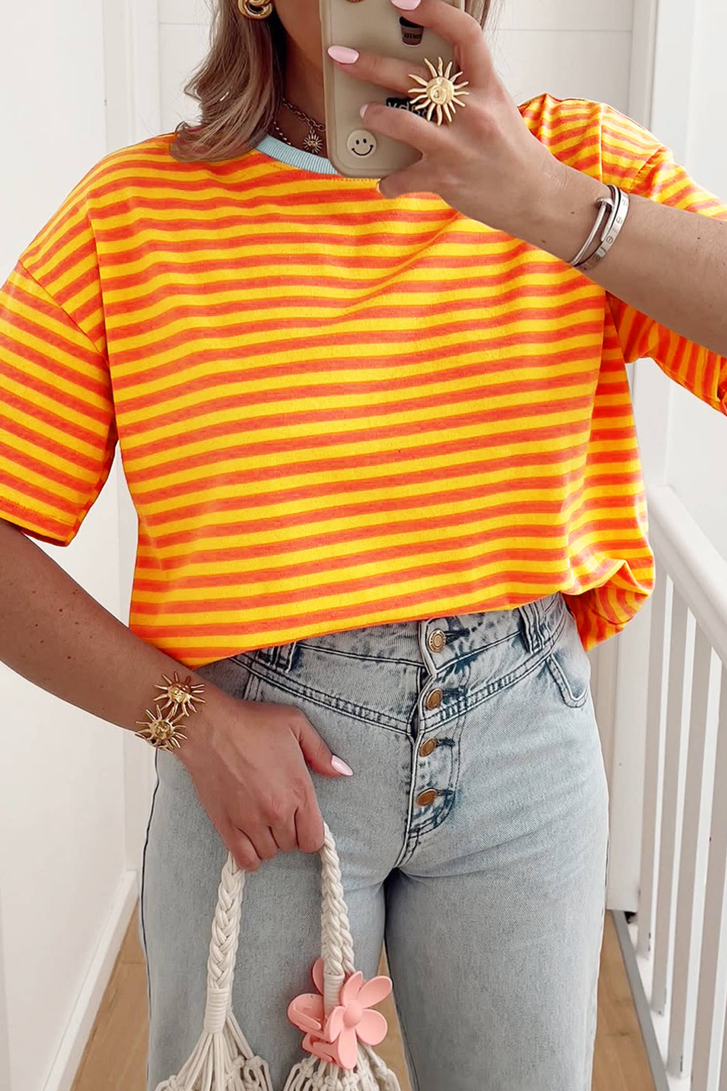 Stripe Contrast Crew Neck Drop Shoulder Loose Tee (S-4X)