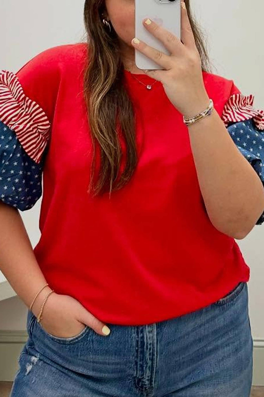 66 Plus Size Stars Stripes Short Puff Sleeve Top (S-4X)