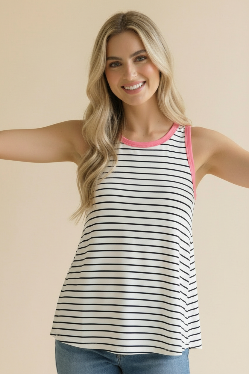 Round Neck Color Block Multi Stripe Tank