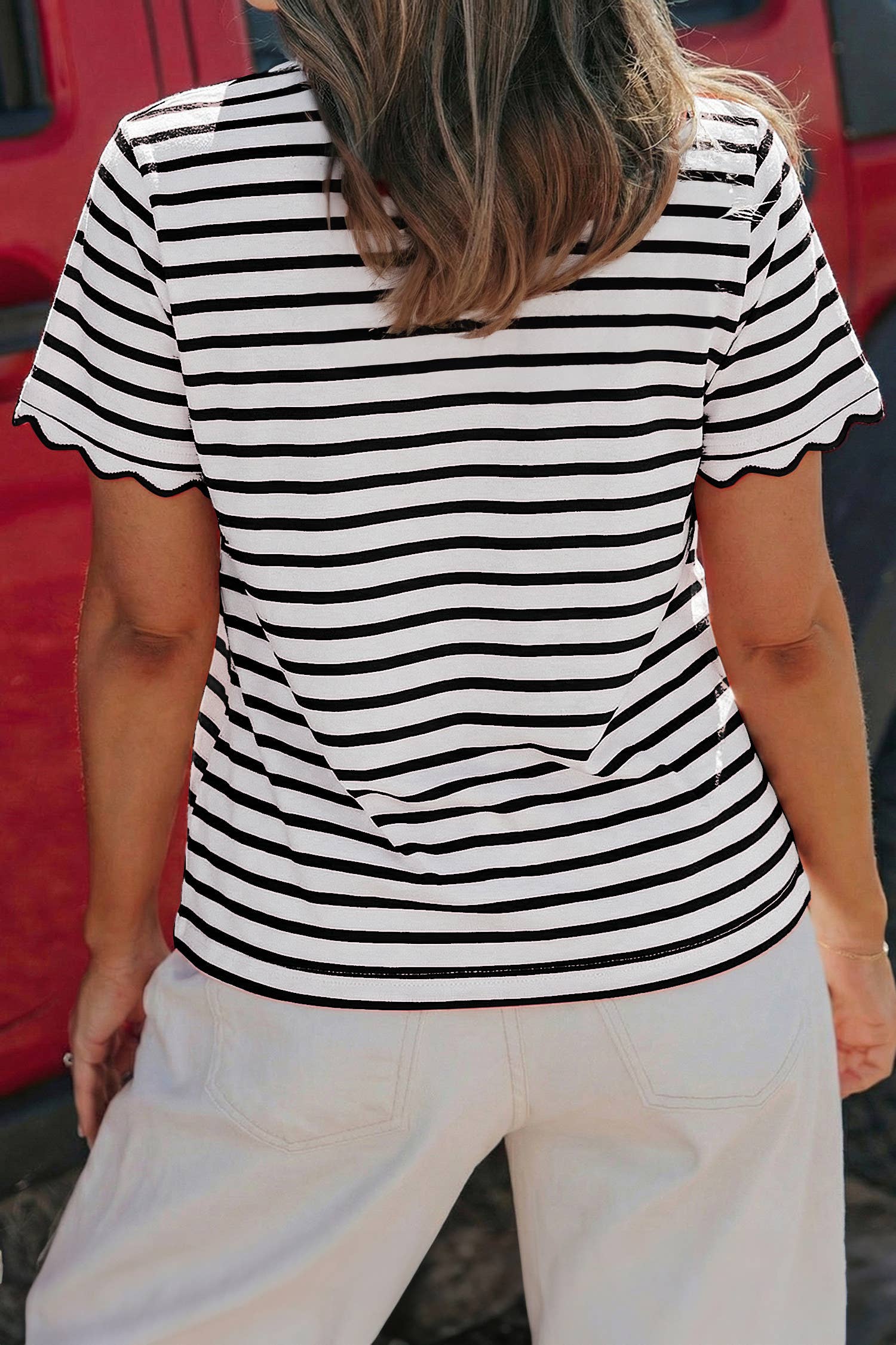Stripe Scalloped Trim Round Neck T Shirt