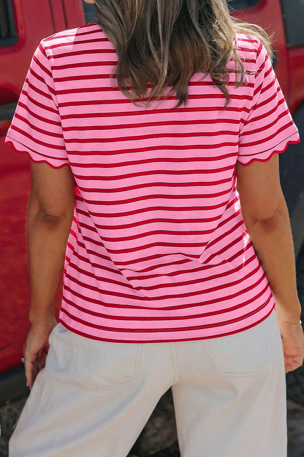 Stripe Scalloped Trim Round Neck T Shirt