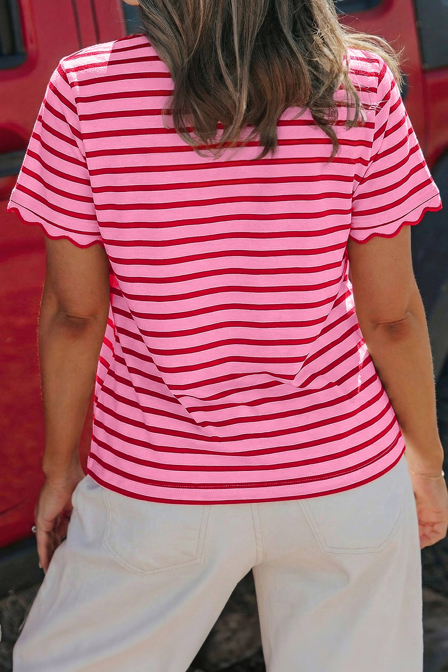 Stripe Scalloped Trim Round Neck T Shirt