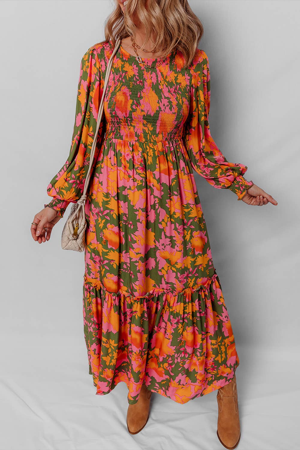 Floral Puff Sleeve Smocked Bodice Ruffled Long Dress (S-XL)