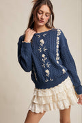 Floral Embroidered Cable Knit Sweater LSW0985