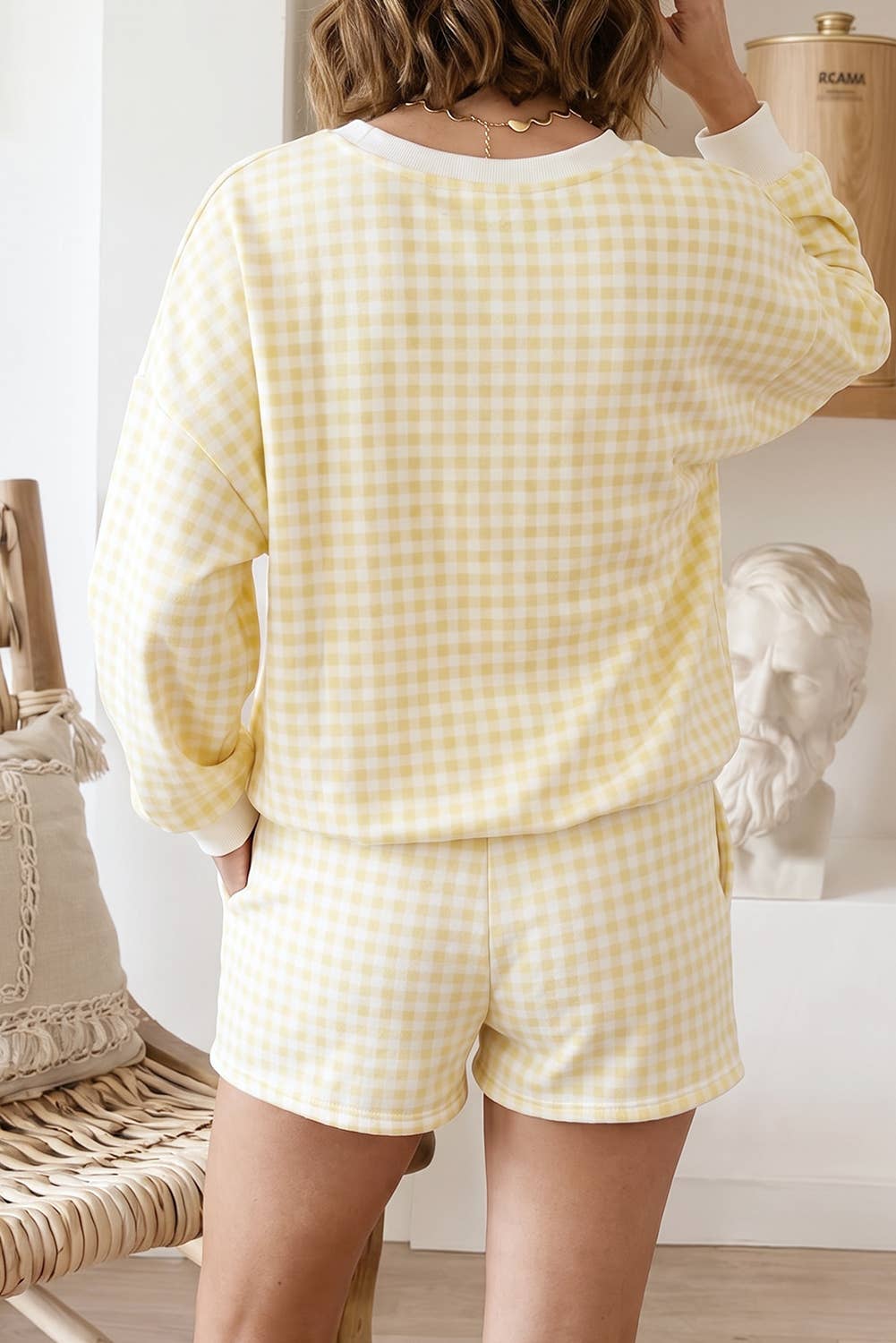 Plaid Puff Sleeve Top Tie Waist 2pcs Shorts Set (S-XL)