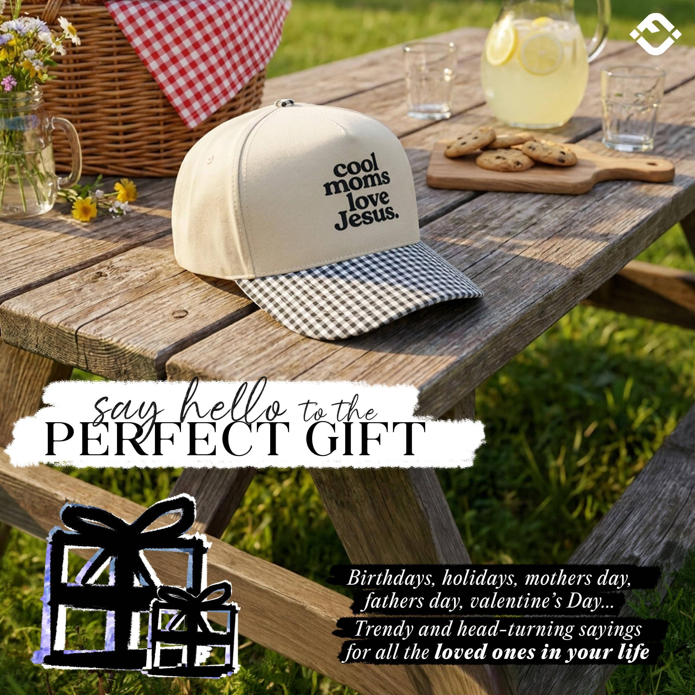 2 Tone Cap: Cool Moms Love Jesus - Gingham Print Beige/Black