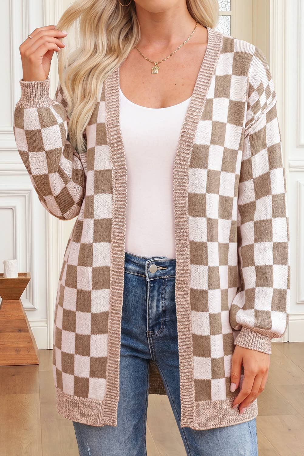 Checkered Open Front Drop Shoulder Cardigan (S-4X)