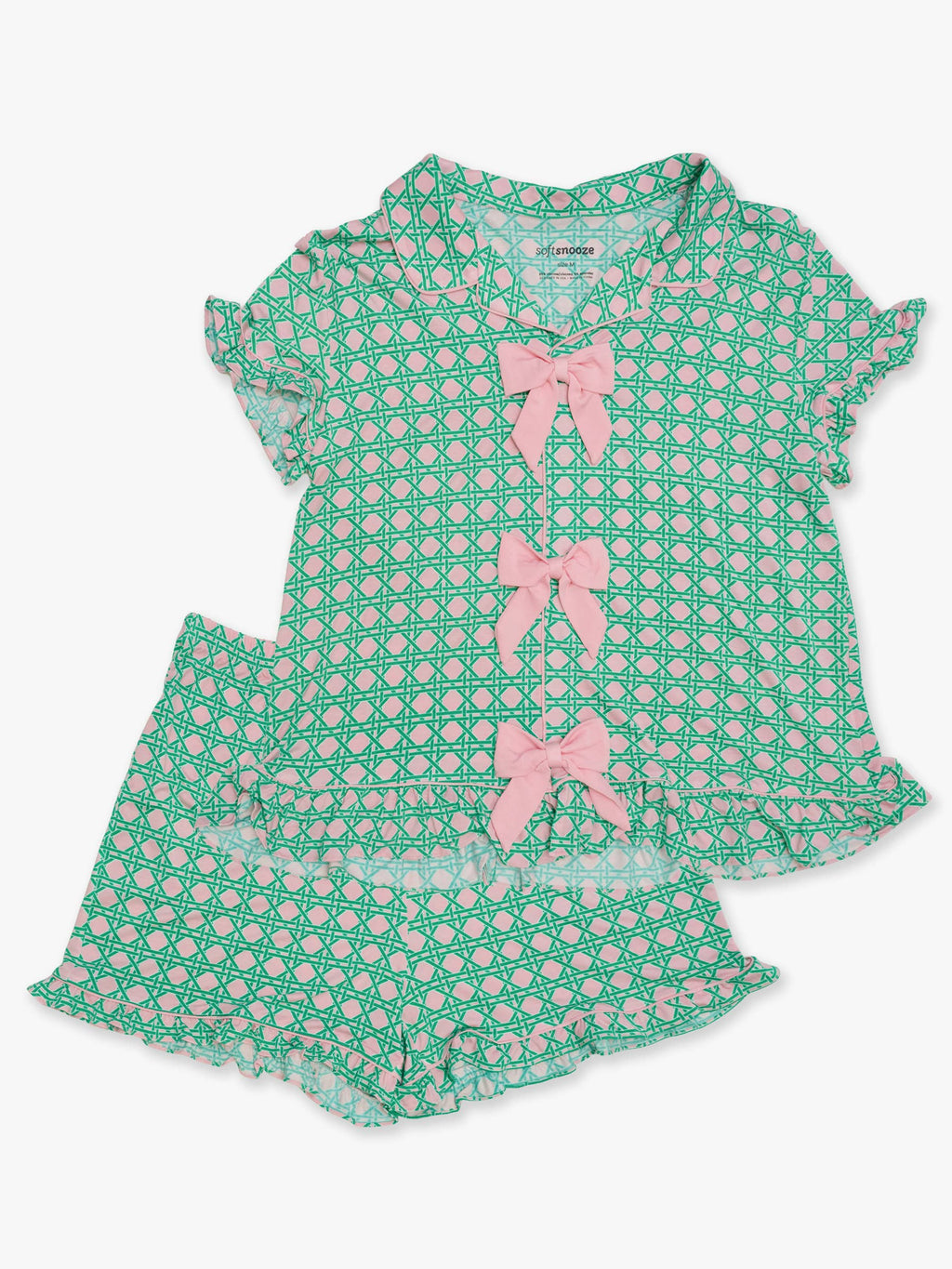 SoftSnooze™ Women's Bamboo Viscose Pink Coastal Cane Short Sleeve Bow Ruffle Pajama Set