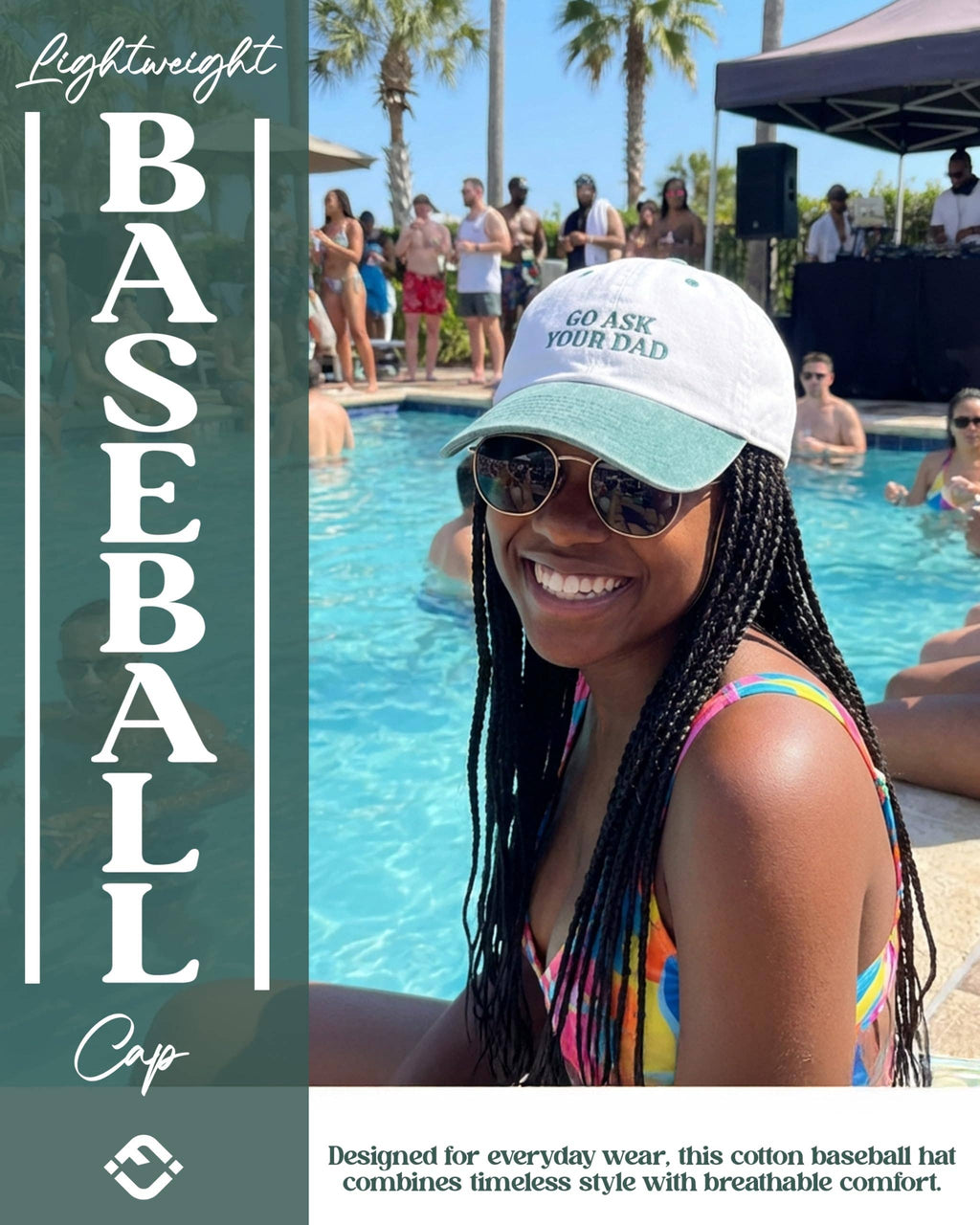 Cotton 2-Tone Baseball Cap - Go Ask Your Dad - Green/Natural