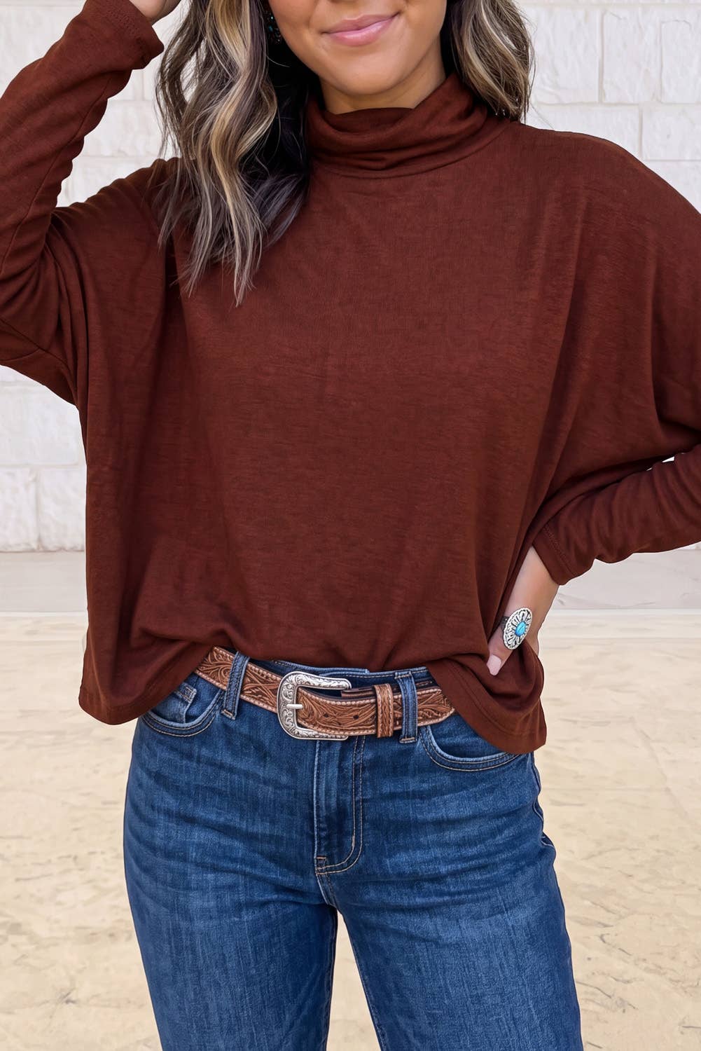 Oversized Mock Neck Long Sleeve Layering Basic Blouse