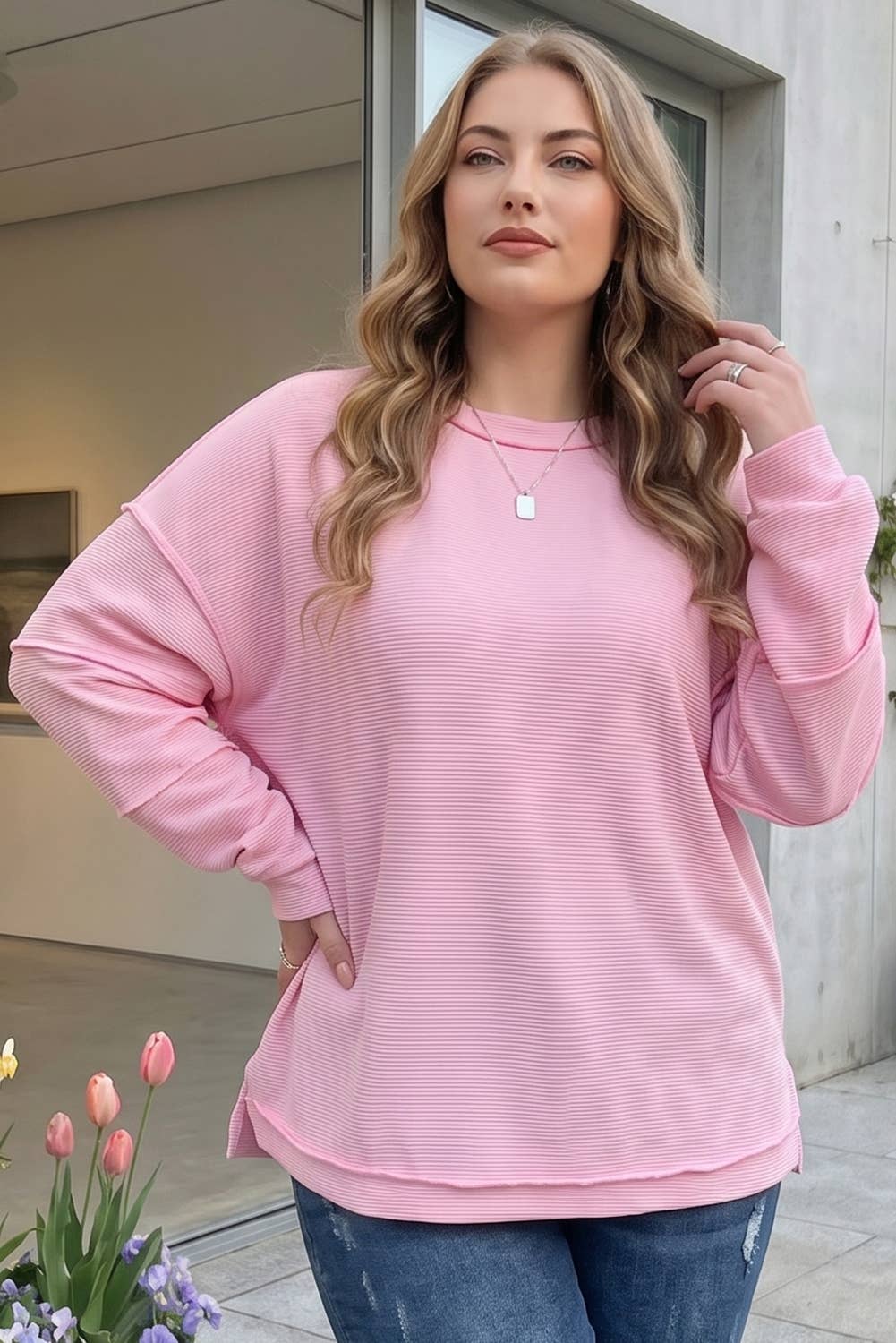 Solid Drop Shoulder Long Sleeve Plus Size Ribbed Top (1X-4X)