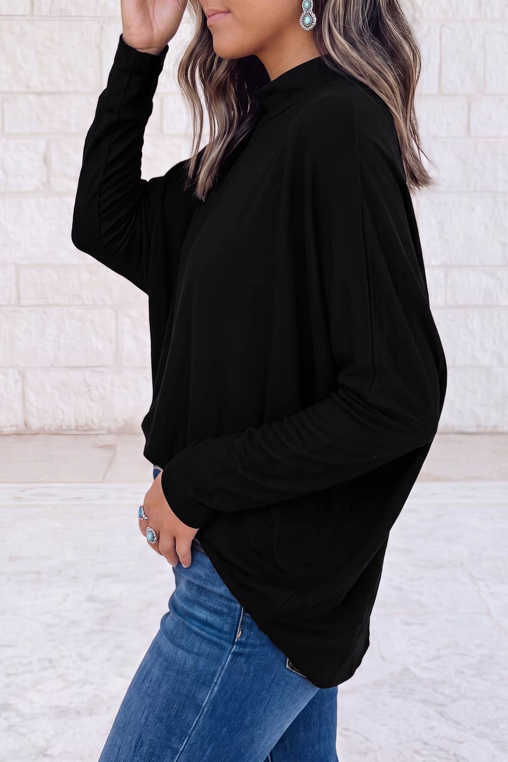 Oversized Mock Neck Long Sleeve Layering Basic Blouse