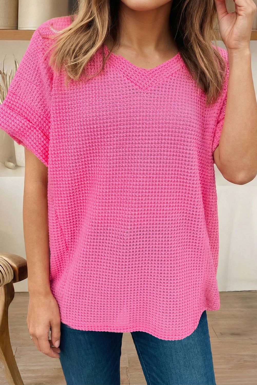 Plus Size Waffle V Neck Short Sleeve Knit Top (S-4X)