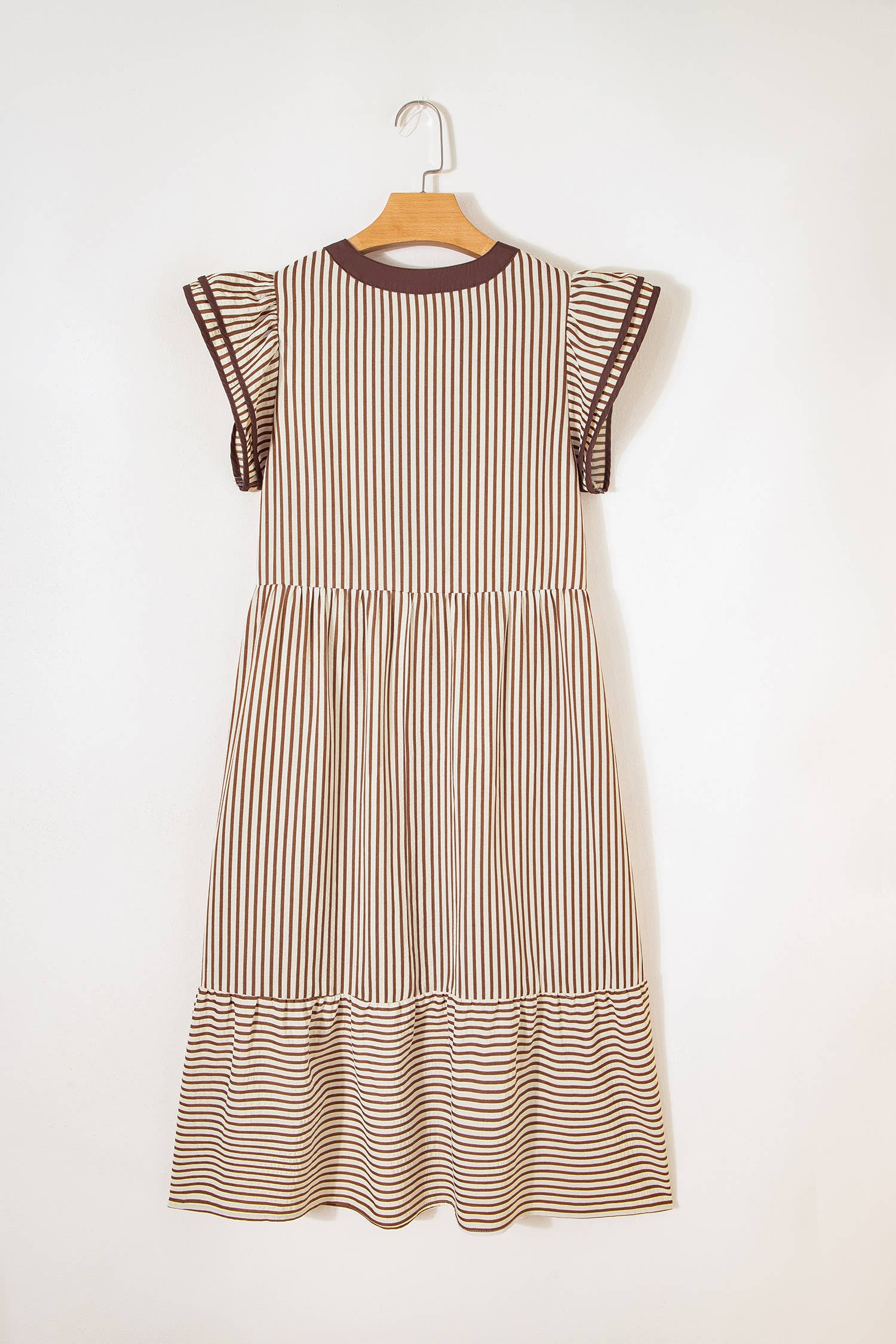 Stripe Double Ruffled Short Sleeve V Neck Midi Dress (S-XL)