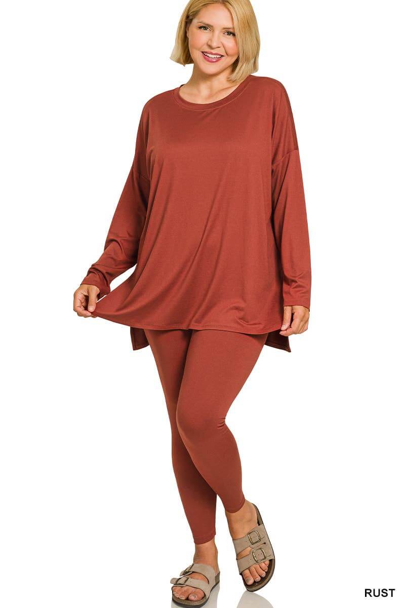 Plus Microfiber Loungewear Set Zenana in rust color, featuring soft, stretchy comfort wear for lounging or casual outings.