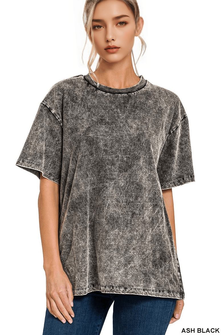Model wearing Vintage Wash Oversize Cotton Tee Zenana in ASH BLACK, showcasing its relaxed style and vintage character.